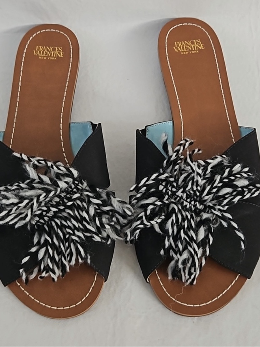 Frances Valentine Black & White Fringe Slide Mules